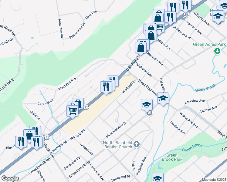 map of restaurants, bars, coffee shops, grocery stores, and more near 1120 U.S. 22 in North Plainfield