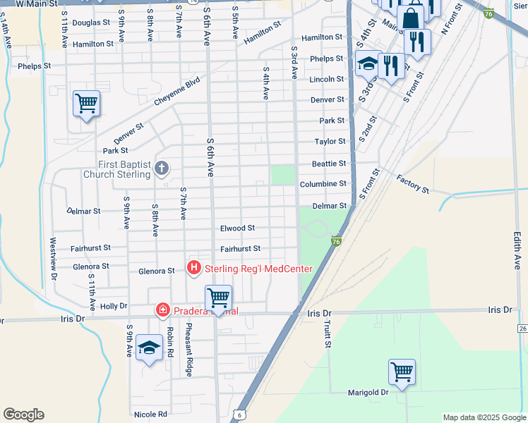 map of restaurants, bars, coffee shops, grocery stores, and more near 401 Delmar Street in Sterling