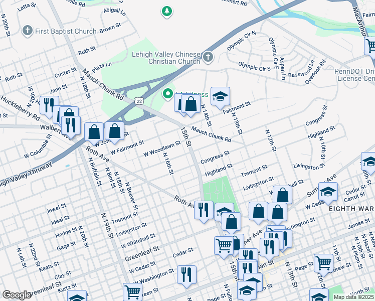 map of restaurants, bars, coffee shops, grocery stores, and more near 1204 North 15th Street in Allentown