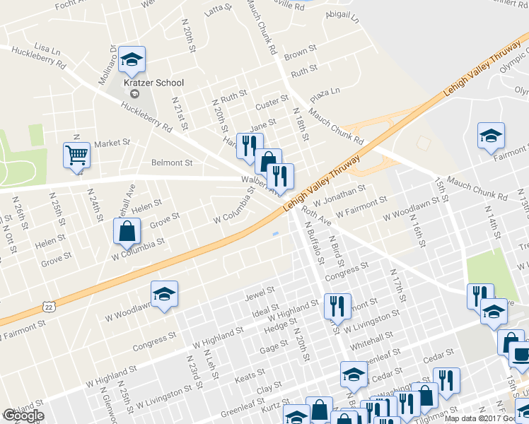 map of restaurants, bars, coffee shops, grocery stores, and more near 1948 Grove Street in Allentown