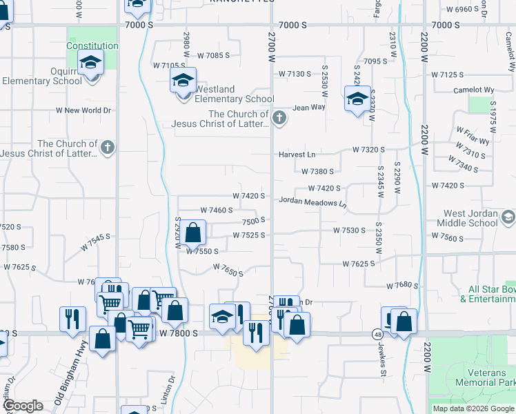 map of restaurants, bars, coffee shops, grocery stores, and more near 2730 West 7460 South in West Jordan