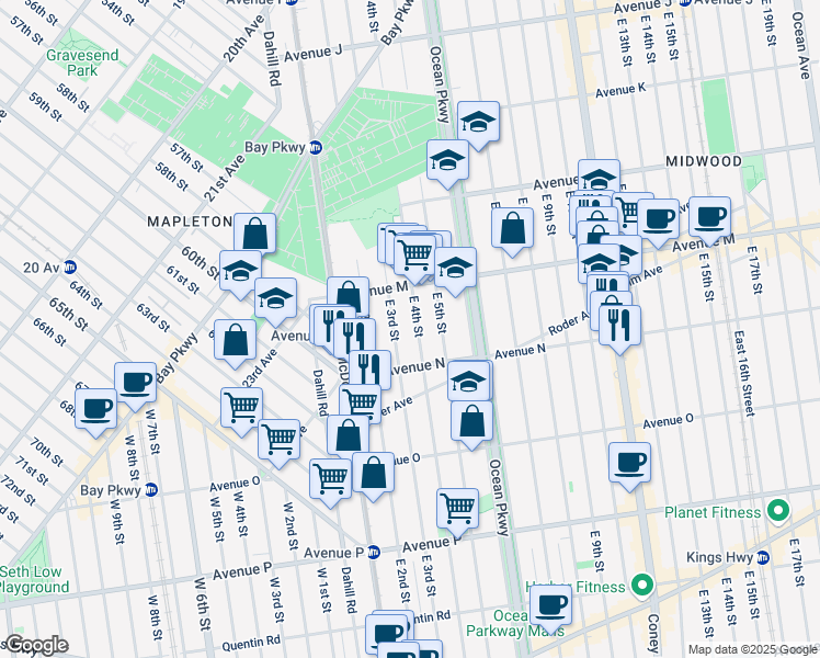 map of restaurants, bars, coffee shops, grocery stores, and more near 1438 East 4th Street in Brooklyn