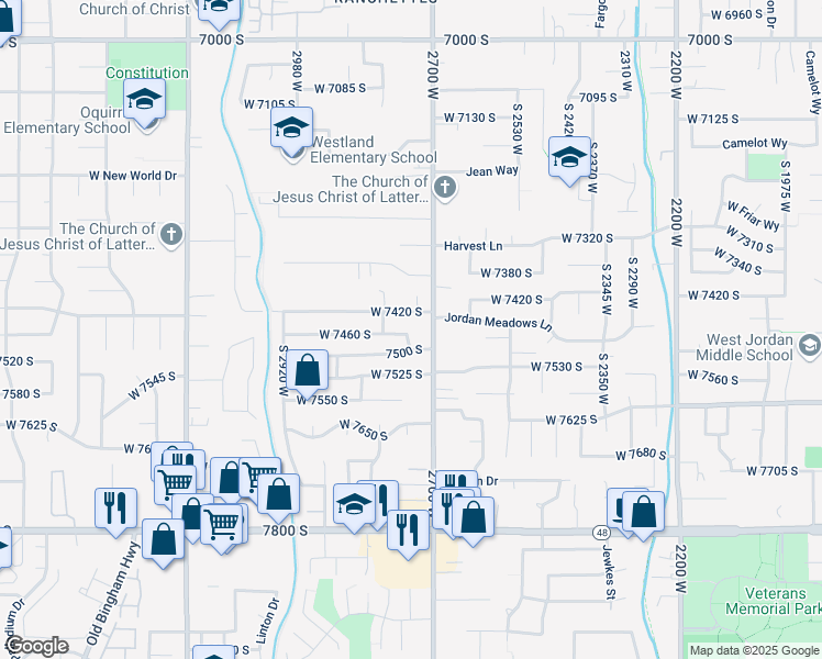 map of restaurants, bars, coffee shops, grocery stores, and more near 2730 West 7460 South in West Jordan