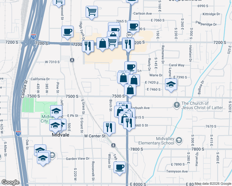 map of restaurants, bars, coffee shops, grocery stores, and more near 26 West 7500 South in Midvale