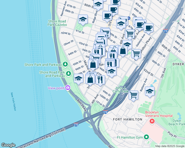 map of restaurants, bars, coffee shops, grocery stores, and more near 185 Marine Avenue in Brooklyn