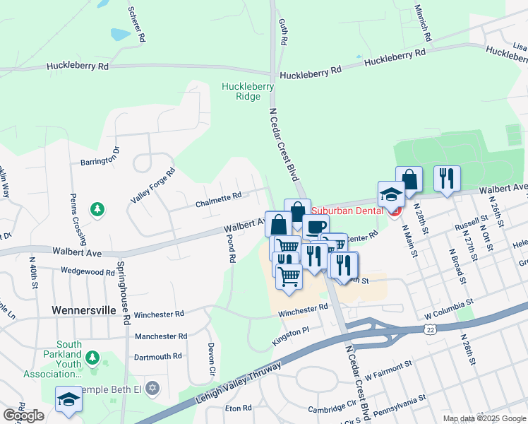 map of restaurants, bars, coffee shops, grocery stores, and more near 1602 Shenandoah Court in Allentown
