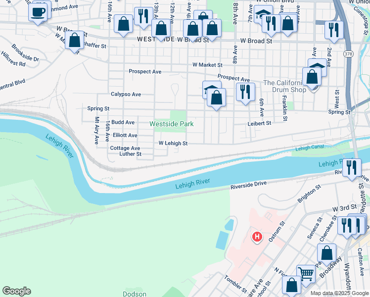 map of restaurants, bars, coffee shops, grocery stores, and more near 1209 West Lehigh Street in Bethlehem