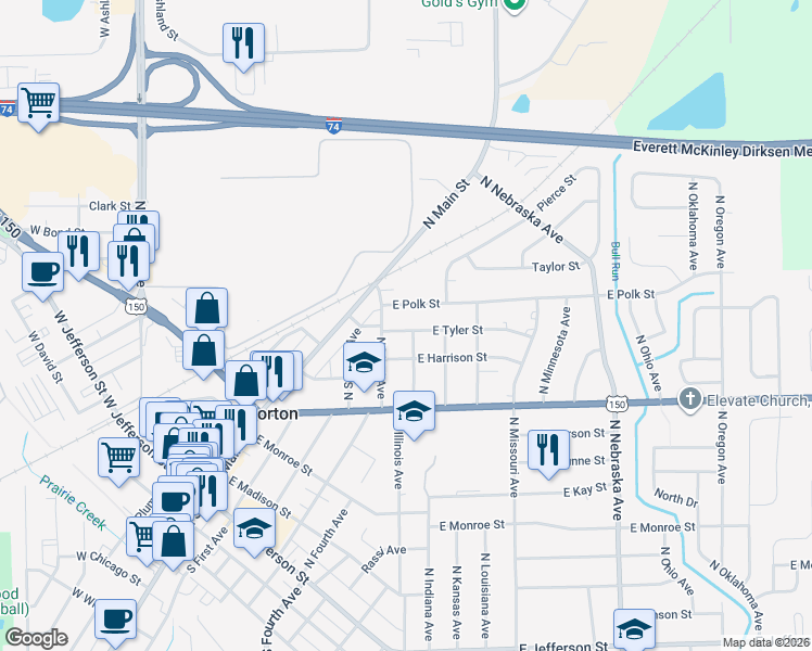 map of restaurants, bars, coffee shops, grocery stores, and more near 317 East Tyler Street in Morton
