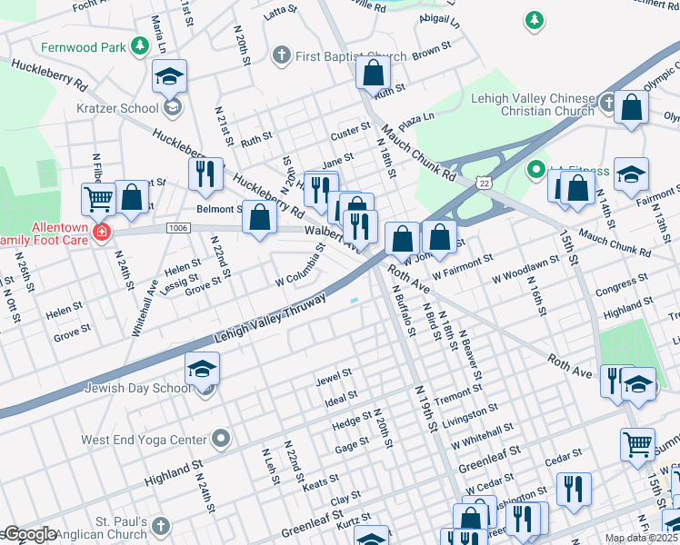 map of restaurants, bars, coffee shops, grocery stores, and more near 1948 Grove Street in Allentown