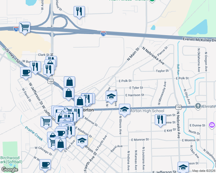 map of restaurants, bars, coffee shops, grocery stores, and more near 208 East Tyler Street in Morton