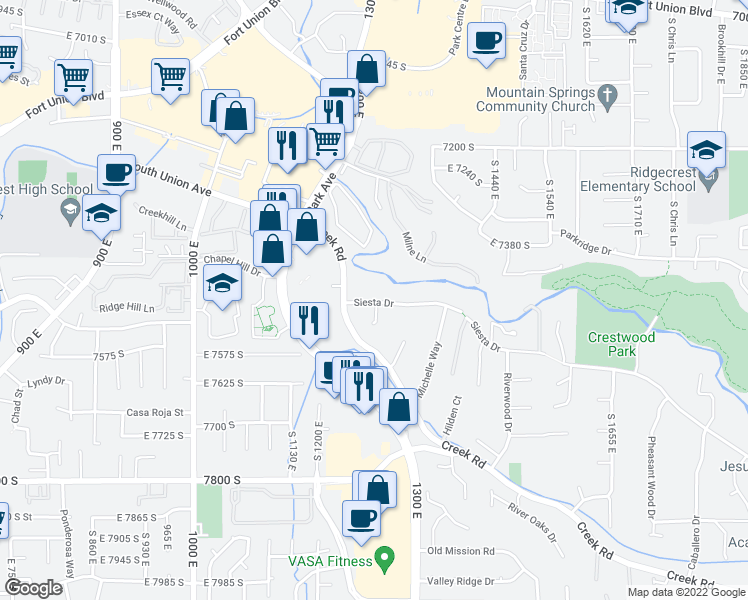 map of restaurants, bars, coffee shops, grocery stores, and more near 1243 South Siesta Drive in Cottonwood Heights