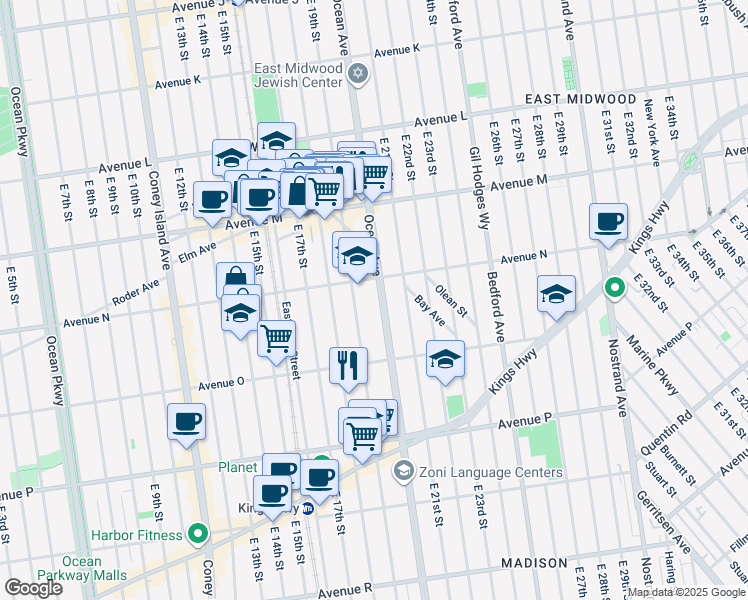 map of restaurants, bars, coffee shops, grocery stores, and more near 1902 Ocean Avenue in Brooklyn