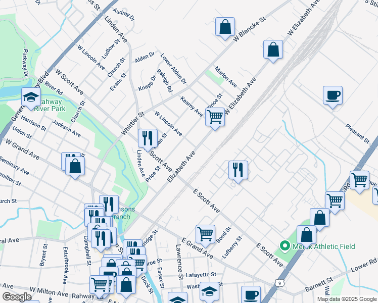map of restaurants, bars, coffee shops, grocery stores, and more near 2141 Price Street in Rahway