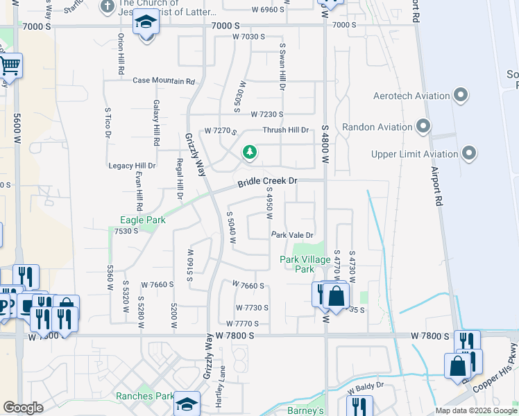 map of restaurants, bars, coffee shops, grocery stores, and more near 4968 Woodbend Road in West Jordan