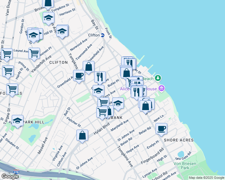 map of restaurants, bars, coffee shops, grocery stores, and more near 67 Saint Marys Avenue in Staten Island