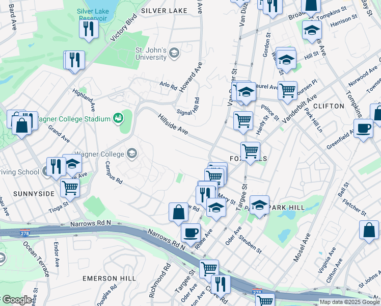 map of restaurants, bars, coffee shops, grocery stores, and more near 51 Wandel Avenue in Staten Island