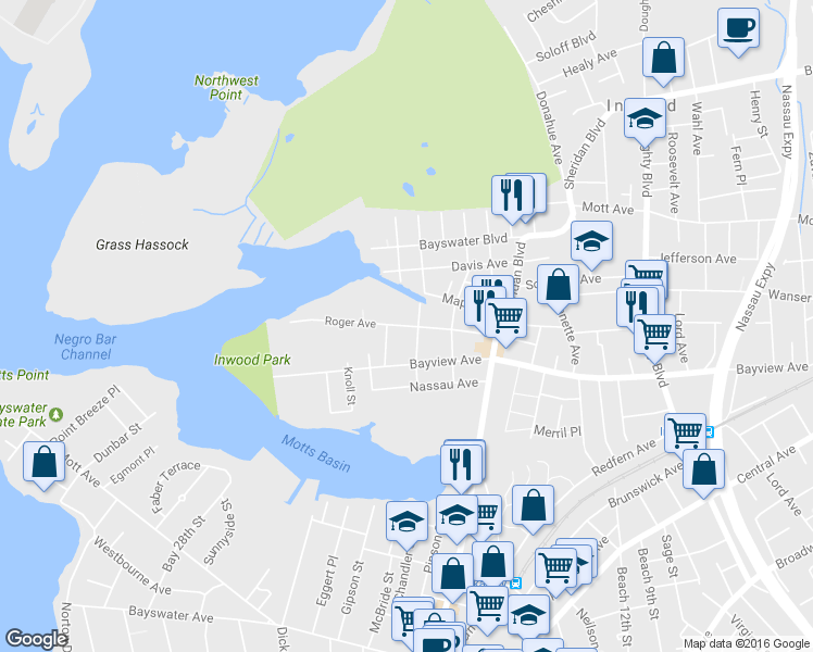 map of restaurants, bars, coffee shops, grocery stores, and more near 136 Roger Avenue in Inwood