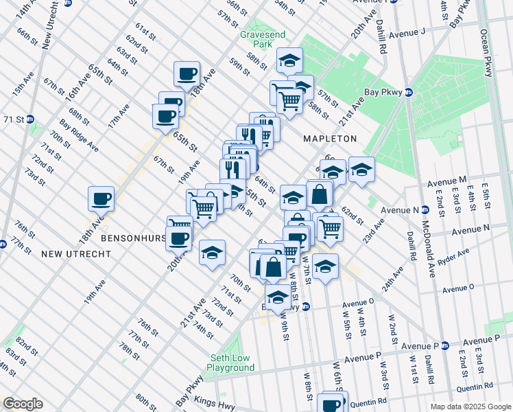 map of restaurants, bars, coffee shops, grocery stores, and more near 2060 65th Street in Brooklyn