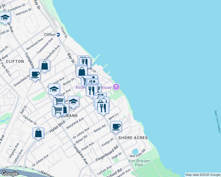 map of restaurants, bars, coffee shops, grocery stores, and more near 13 Hylan Boulevard in Staten Island
