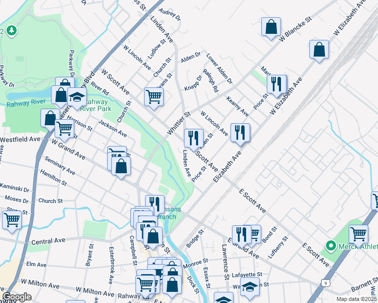 map of restaurants, bars, coffee shops, grocery stores, and more near 244 West Scott Avenue in Rahway