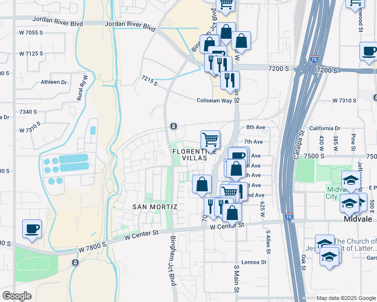 map of restaurants, bars, coffee shops, grocery stores, and more near Siena Vista Lane in Midvale