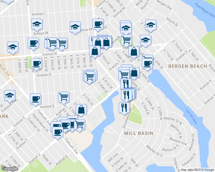 map of restaurants, bars, coffee shops, grocery stores, and more near 2050 East 61st Street in Brooklyn