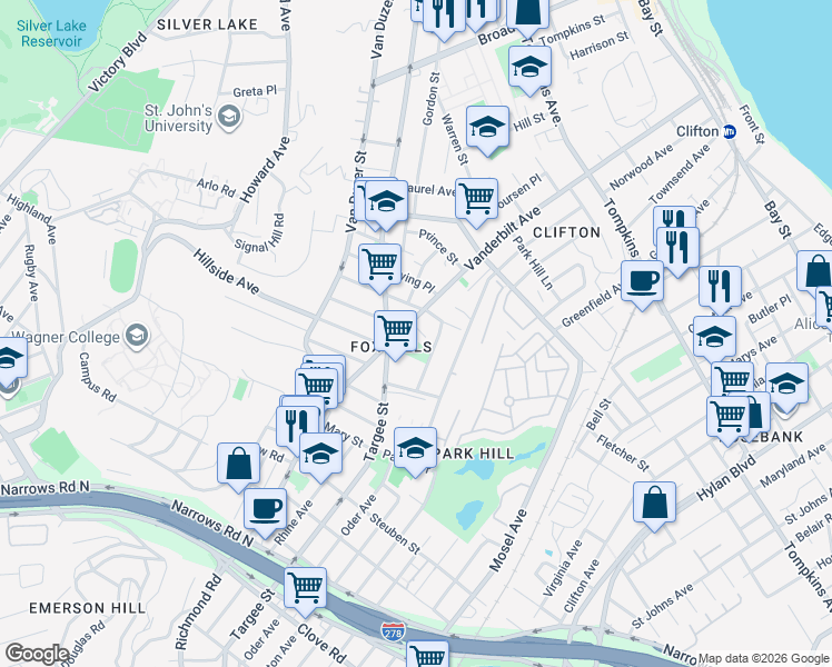 map of restaurants, bars, coffee shops, grocery stores, and more near 9 Nunley Court in Staten Island