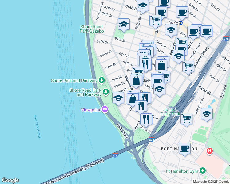 map of restaurants, bars, coffee shops, grocery stores, and more near 9615 Shore Road in Brooklyn