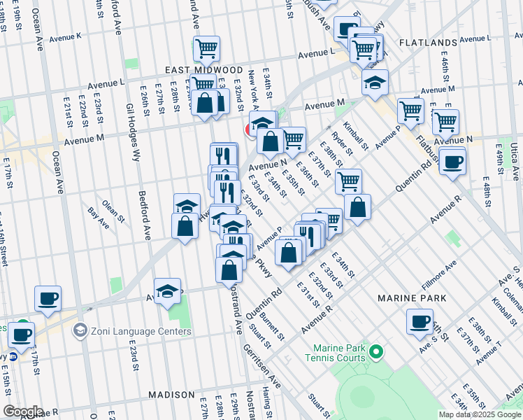 map of restaurants, bars, coffee shops, grocery stores, and more near 1535 East 32nd Street in Brooklyn
