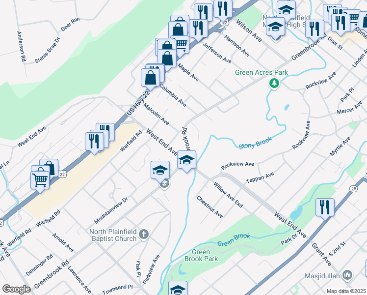 map of restaurants, bars, coffee shops, grocery stores, and more near 380 Greenbrook Road in North Plainfield