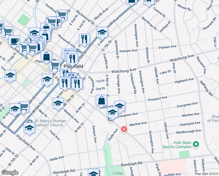 map of restaurants, bars, coffee shops, grocery stores, and more near 220-22 East 9th Street in Plainfield