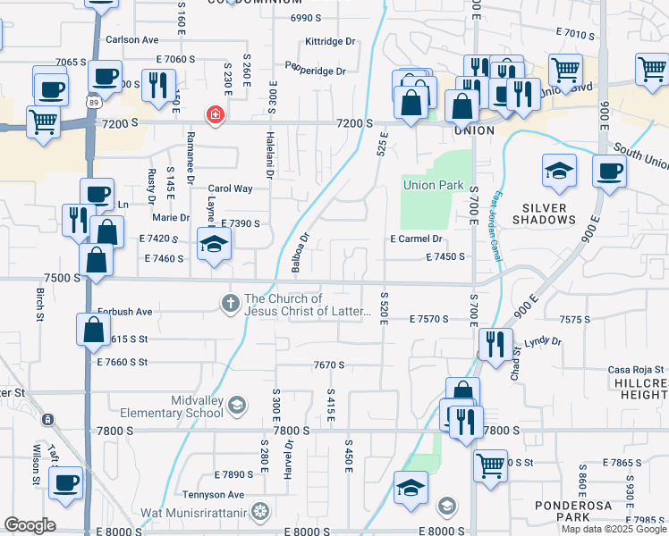 map of restaurants, bars, coffee shops, grocery stores, and more near 7479 410 East in Midvale