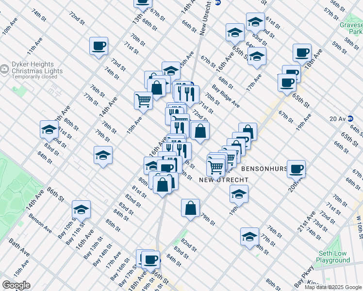 map of restaurants, bars, coffee shops, grocery stores, and more near 1648 Bay Ridge Parkway in Brooklyn