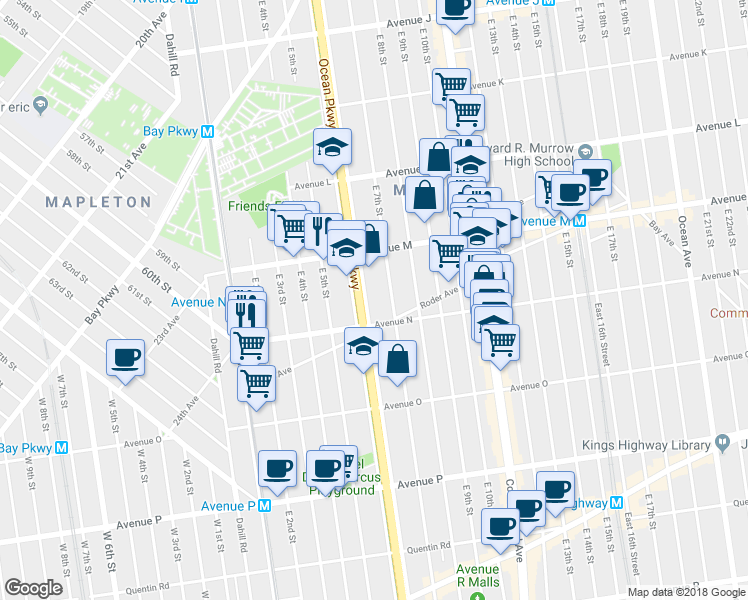 map of restaurants, bars, coffee shops, grocery stores, and more near 1365 Ocean Parkway in Brooklyn