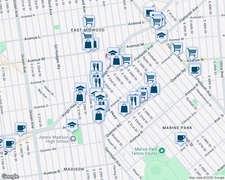 map of restaurants, bars, coffee shops, grocery stores, and more near 1535 East 32nd Street in Brooklyn