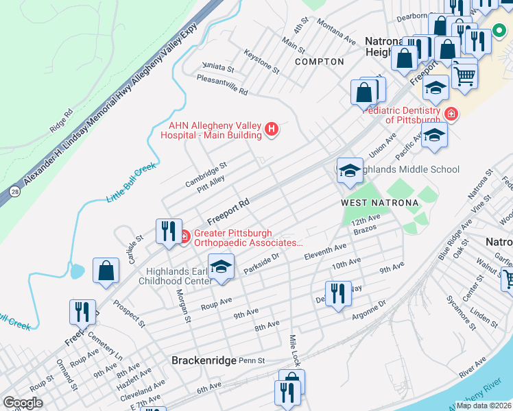 map of restaurants, bars, coffee shops, grocery stores, and more near in Allegheny County