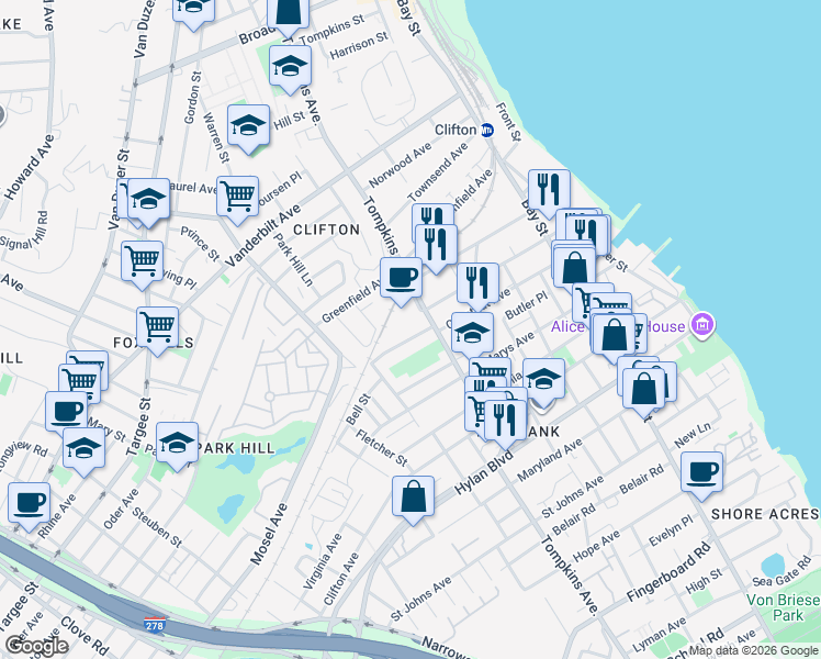 map of restaurants, bars, coffee shops, grocery stores, and more near 179 Chestnut Avenue in Staten Island