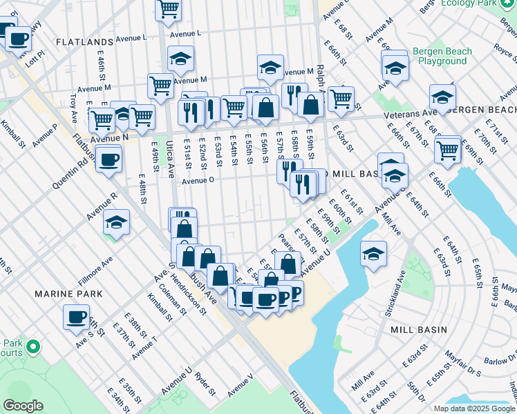 map of restaurants, bars, coffee shops, grocery stores, and more near 1685 East 55th Street in Brooklyn