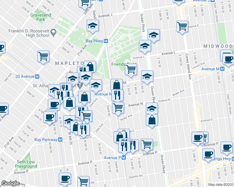 map of restaurants, bars, coffee shops, grocery stores, and more near 1535 McDonald Avenue in Brooklyn