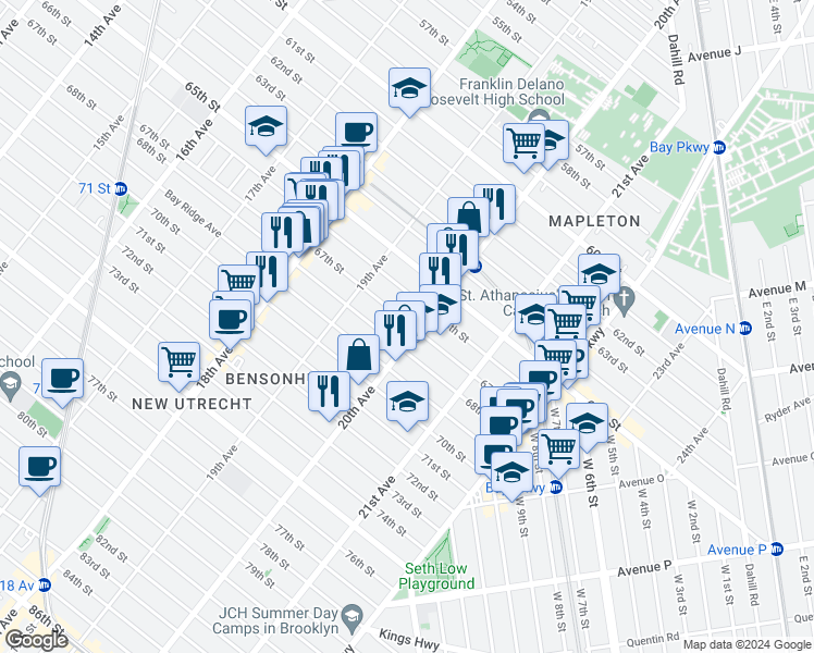 map of restaurants, bars, coffee shops, grocery stores, and more near 1982 67th Street in Brooklyn