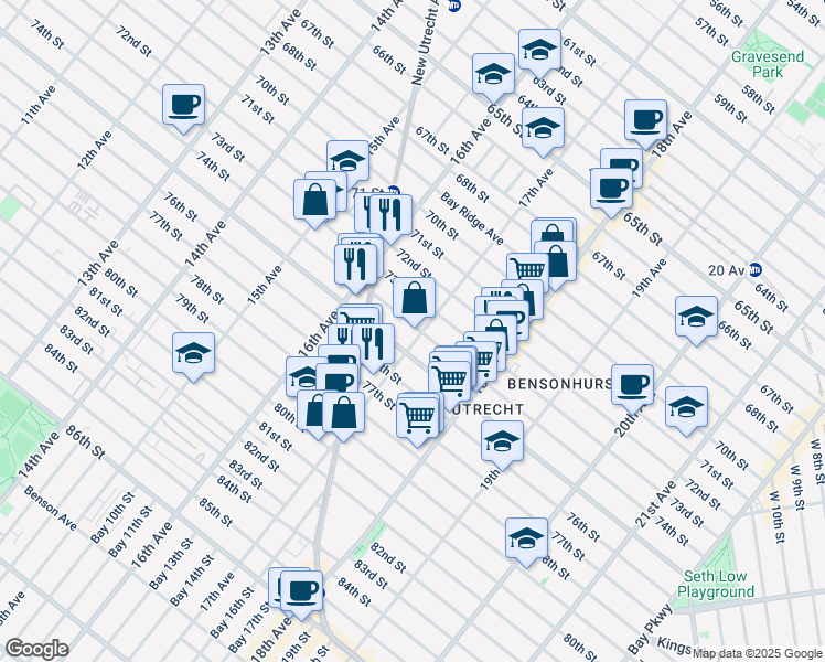 map of restaurants, bars, coffee shops, grocery stores, and more near 7402 17th Avenue in Brooklyn