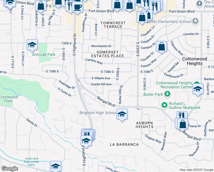 map of restaurants, bars, coffee shops, grocery stores, and more near 2154 Castle Hill Avenue in Salt Lake City