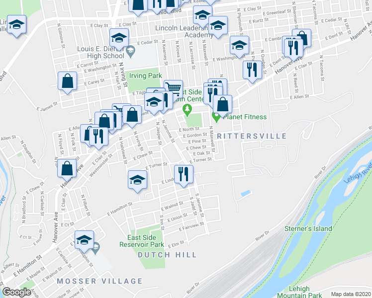 map of restaurants, bars, coffee shops, grocery stores, and more near 1060 East Chew Street in Allentown