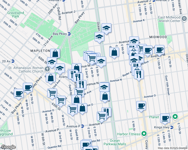 map of restaurants, bars, coffee shops, grocery stores, and more near 1441 East 4th Street in Brooklyn