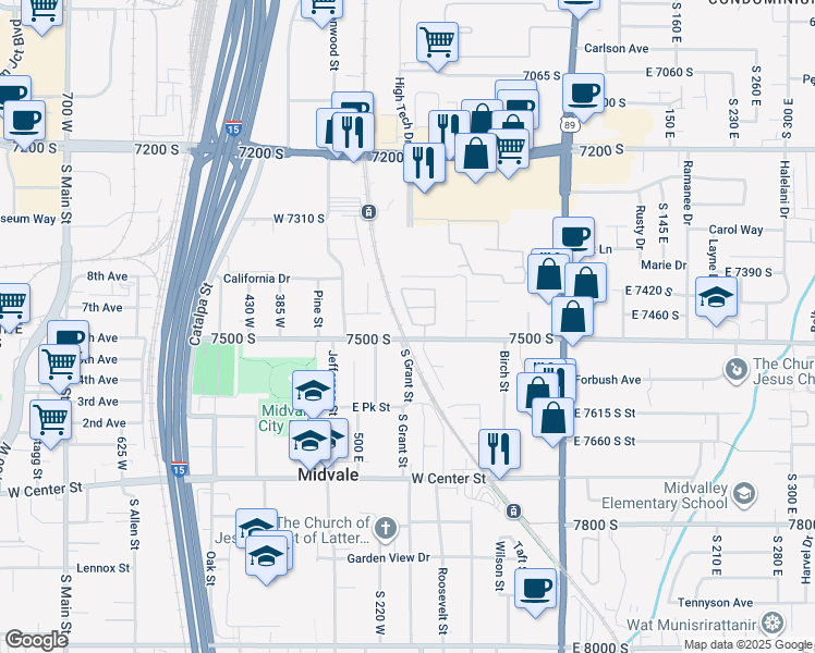 map of restaurants, bars, coffee shops, grocery stores, and more near 150 West 7500 South in Midvale