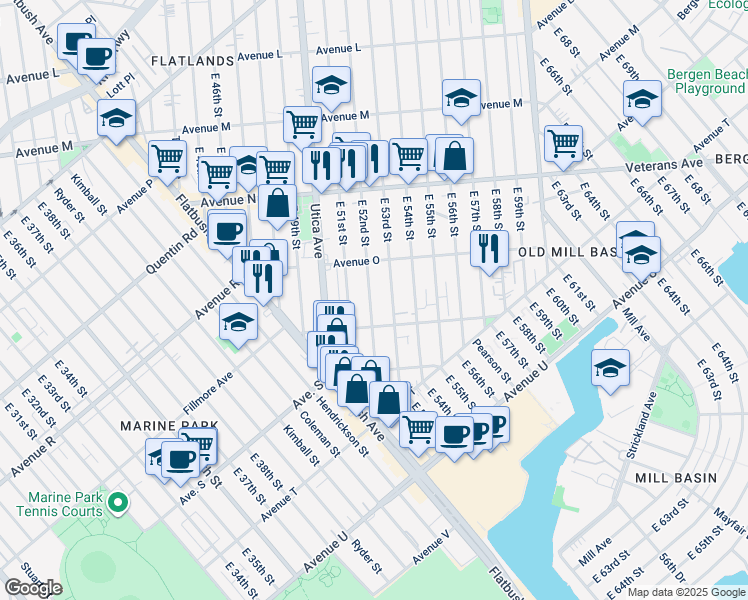map of restaurants, bars, coffee shops, grocery stores, and more near 1799 East 52nd Street in Brooklyn