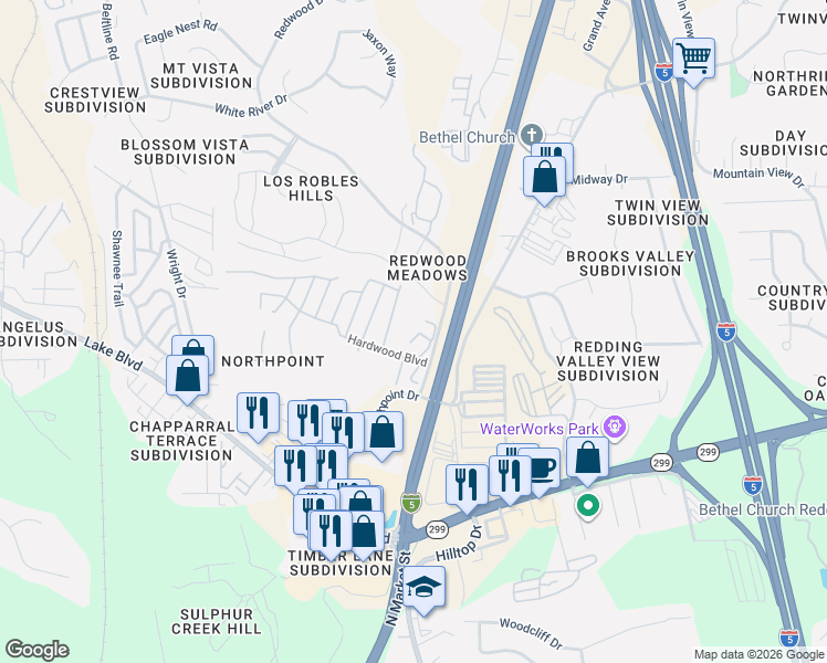 map of restaurants, bars, coffee shops, grocery stores, and more near 453 Silkwood Drive in Redding
