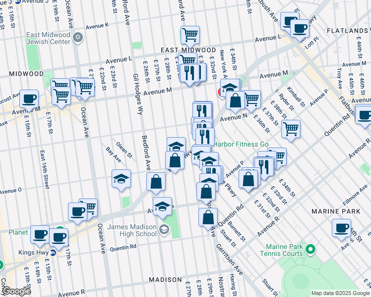 map of restaurants, bars, coffee shops, grocery stores, and more near 2907 Kings Highway in Brooklyn