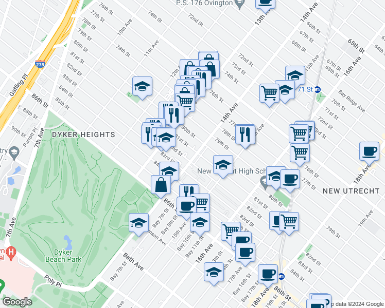 map of restaurants, bars, coffee shops, grocery stores, and more near 1401 81st Street in Brooklyn