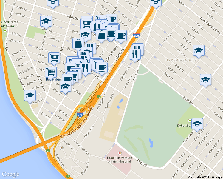 map of restaurants, bars, coffee shops, grocery stores, and more near 166 Battery Avenue in Brooklyn